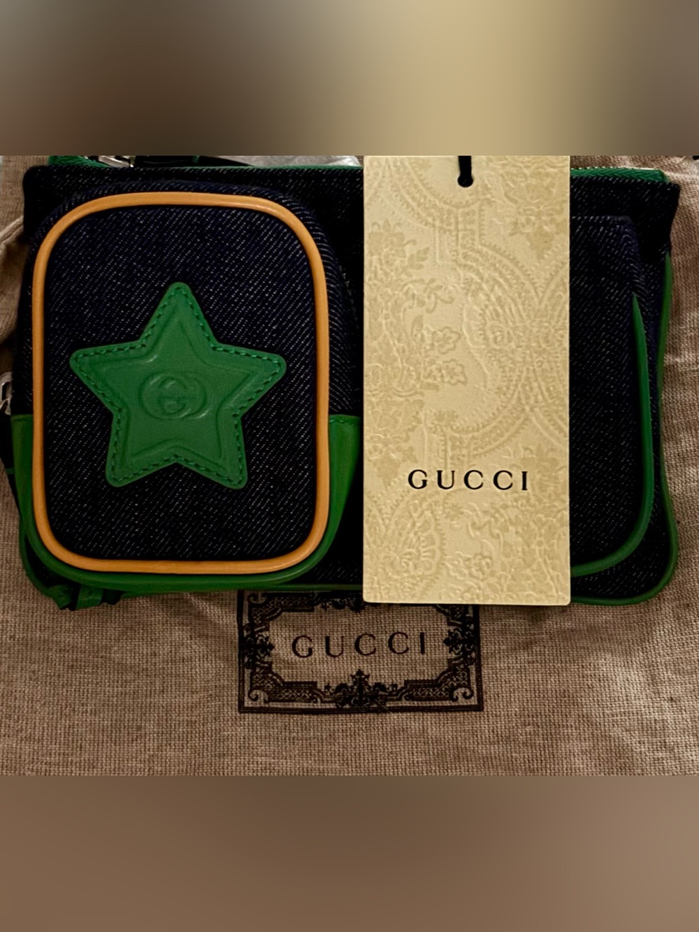 Gucci New Kids Denim Belt Bag/Fanny pack  with Green Star with Dust Bag